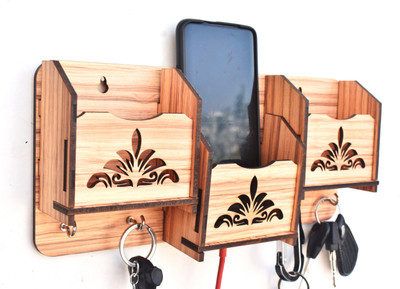 jaishreeshyamcollectionTM 3 Shelf Flower Wood Key Holder (4 Hooks, Beige) Wood Key Holder(4 Hooks, Beige)