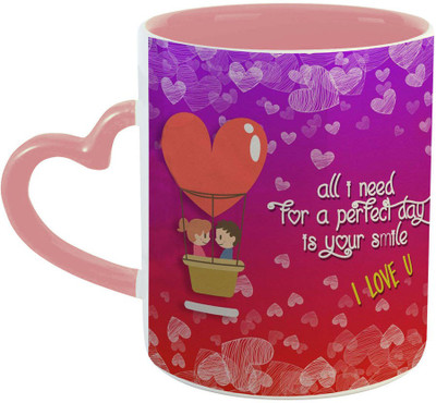 ARTBUG All I Need for a Perfect Day is Your Smile I Love You Ceramic Coffee Cup Tea-Pink Heart Handle - 4347 Ceramic Coffee Mug(350 ml)