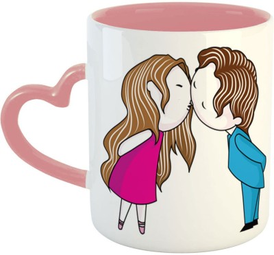 ARTBUG Romantic Couple Kissing Coffee Gift for Wife, Girlfriend, Fiance, Spouse, Boyfriend, Husband, Hubby, Wifey on Valentines Day, Anniversary, Birthday-Pink Heart Handle - 1702 Ceramic Coffee Mug(350 ml)