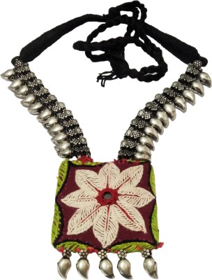 athizay Necklace Fabric Pendant Silver metal beaded Jewelry Tribal Fusion Rangoli Pattern Brass, Fabric, Dori Necklace