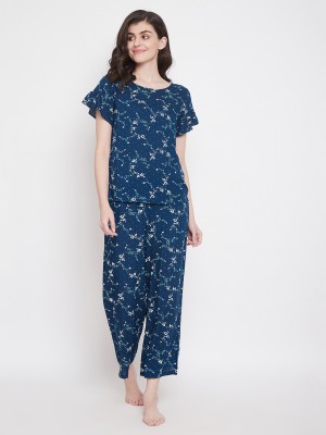 Clovia Women Floral Print Blue Top & Pyjama Set