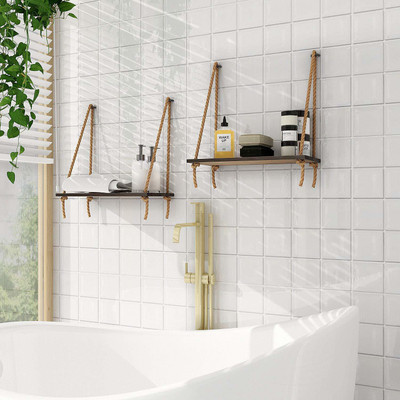 PRITI Hanging Wall Shelves,Swing Rope Floating Shelf Wooden Wall Shelf(Number of Shelves - 2, Brown)