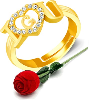 MEENAZ CZ AD Valentine gift Jewellery Stylish Heart Shape Golden Gold Plated Brass Copper Proposal i love you Name Alphabet Letter Initial J finger Rings for girls women girlfriend Men Boys Couples American diamond CZ AD Adjustable Gifts Set Lovers Design With Velvet Red Rose box set-RING ROSE BOX S