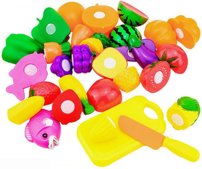 ALLAMWAR Play Cutting Food Cutting Toys Kitchen Toy ,Cutting Vegetables Fruit and Plastic Knife ,Pretend Food Playset Early Learning Toy for Kids Boys Girls