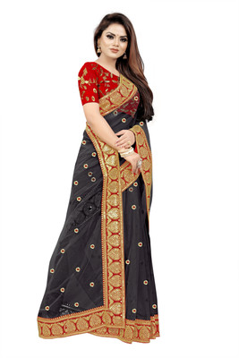 Aldwych Embroidered Bollywood Net Saree(Red, Black)