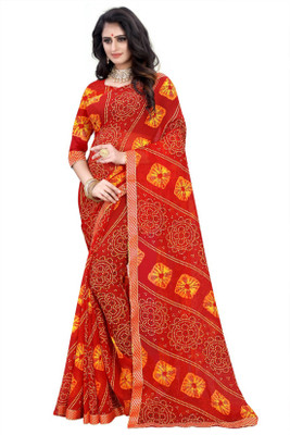 maayro Printed Bandhani Georgette Saree(Red)