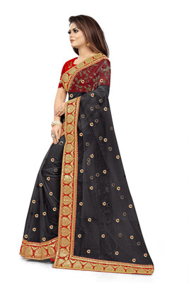 3SIX5 Embroidered Bollywood Net Saree(Red, Black)