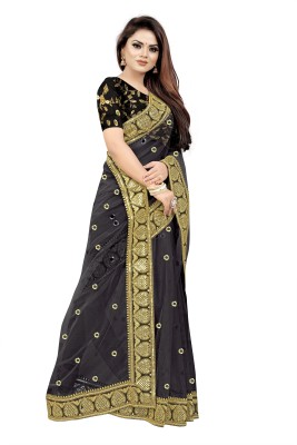 3SIX5 Embroidered Bollywood Net Saree(Black)