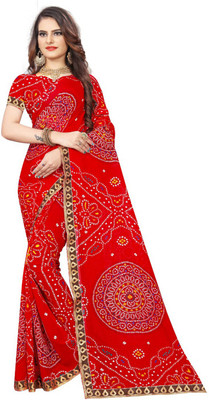 Kanooda Prints Printed Bandhani Georgette Saree(Red)
