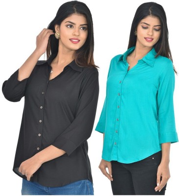 FABISHO Women Solid Casual Light Blue, Black Shirt(Pack of 2)