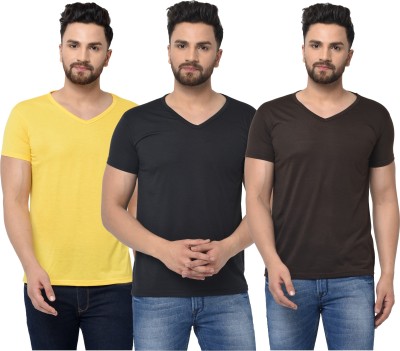 Jaskart Solid Men V Neck Brown, Black, Yellow T-Shirt