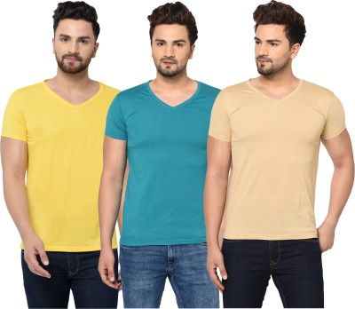 Jangoboy Solid Men V Neck Blue, Beige, Yellow T-Shirt