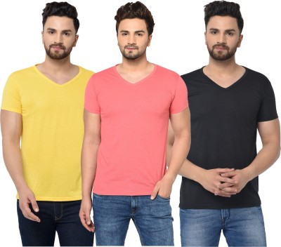 Jangoboy Solid Men V Neck Pink, Black, Yellow T-Shirt