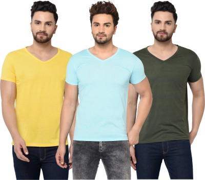 Adorbs Solid Men V Neck Light Blue, Dark Green, Yellow T-Shirt