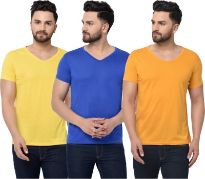 Adorbs Solid Men V Neck Dark Blue, Orange, Yellow T-Shirt