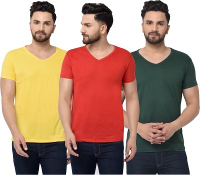 Jangoboy Solid Men V Neck Dark Green, Red, Yellow T-Shirt