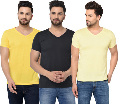 Adorbs Solid Men V Neck Black, Yellow T-Shirt