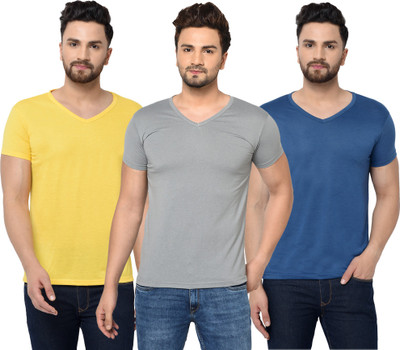 Jangoboy Solid Men V Neck Dark Blue, Grey, Yellow T-Shirt