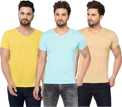 Tivy Solid Men V Neck Light Blue, Beige, Yellow T-Shirt