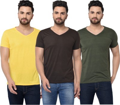 Jaskart Solid Men V Neck Dark Green, Brown, Yellow T-Shirt