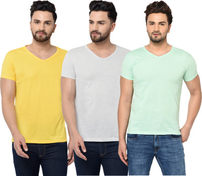 Jangoboy Solid Men V Neck Grey, Yellow, Light Green T-Shirt