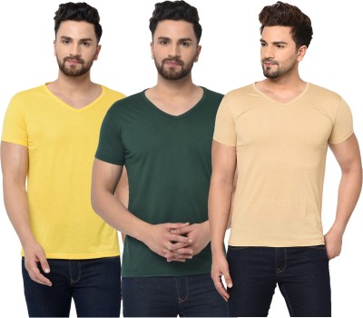 Bribzy Solid Men V Neck Green, Beige, Yellow T-Shirt