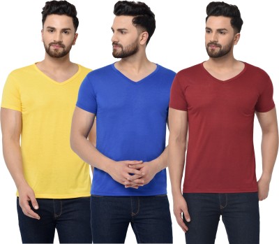 Tivy Solid Men V Neck Maroon, Blue, Yellow T-Shirt