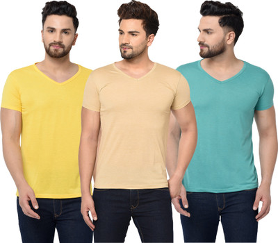 Bribzy Solid Men V Neck Blue, Beige, Yellow T-Shirt