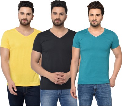 Adorbs Solid Men V Neck Blue, Black, Yellow T-Shirt