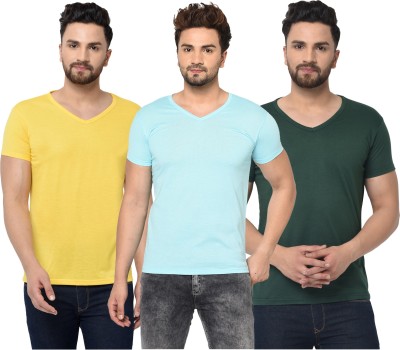 Jangoboy Solid Men V Neck Dark Green, Light Blue, Yellow T-Shirt