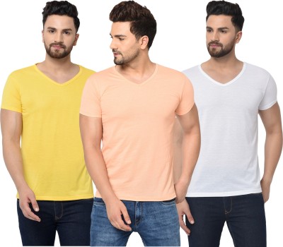 Jaskart Solid Men V Neck White, Pink, Yellow T-Shirt