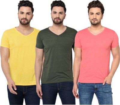 Tivy Solid Men V Neck Green, Pink, Yellow T-Shirt