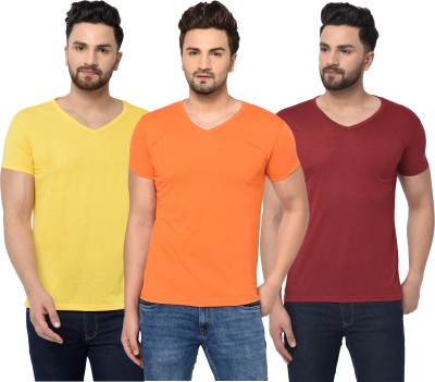 Bribzy Solid Men V Neck Maroon, Orange, Yellow T-Shirt