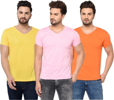 Bribzy Solid Men V Neck Pink, Orange, Yellow T-Shirt