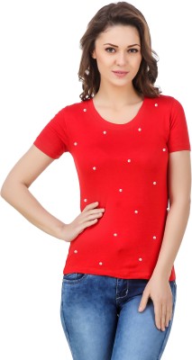 Clo Clu Printed Women Round Neck Red T-Shirt