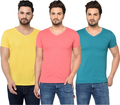 Bribzy Solid Men V Neck Green, Pink, Yellow T-Shirt