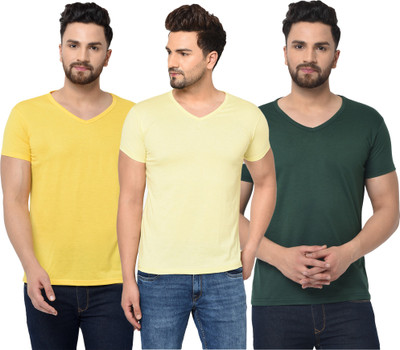 Bribzy Solid Men V Neck Dark Green, Yellow T-Shirt