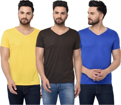 Bribzy Solid Men V Neck Blue, Black, Yellow T-Shirt