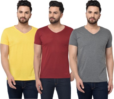 Bribzy Solid Men V Neck Maroon, Grey, Yellow T-Shirt