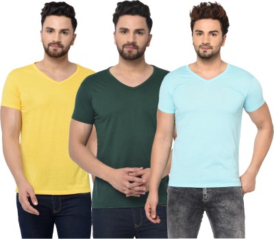 Jangoboy Solid Men V Neck Light Blue, Dark Green, Yellow T-Shirt