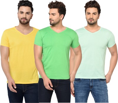 Tivy Solid Men V Neck Light Green, Yellow T-Shirt