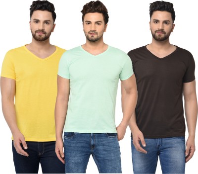 Tivy Solid Men V Neck Brown, Light Green, Yellow T-Shirt