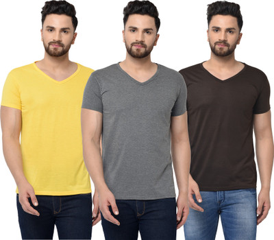 Jangoboy Solid Men V Neck Brown, Grey, Yellow T-Shirt