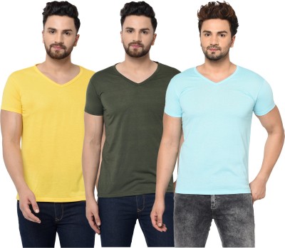 Jaskart Solid Men V Neck Light Blue, Dark Green, Yellow T-Shirt