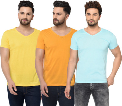Jaskart Solid Men V Neck Light Blue, Yellow T-Shirt