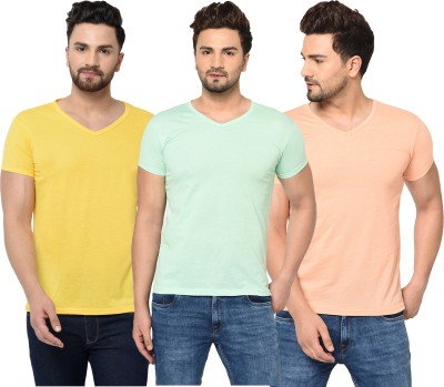 Bribzy Solid Men V Neck Orange, Light Green, Yellow T-Shirt