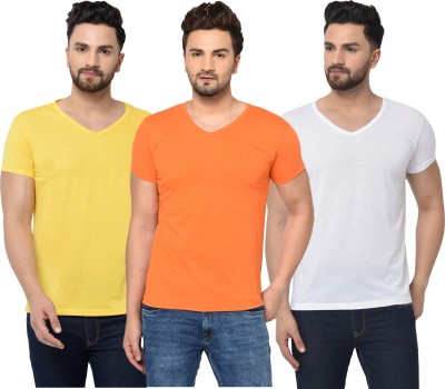 Jaskart Solid Men V Neck White, Orange, Yellow T-Shirt