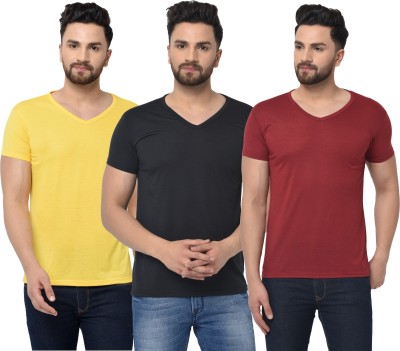 Jaskart Solid Men V Neck Maroon, Black, Yellow T-Shirt