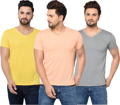 Bribzy Solid Men V Neck Grey, Beige, Yellow T-Shirt