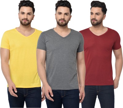 Adorbs Solid Men V Neck Maroon, Grey, Yellow T-Shirt